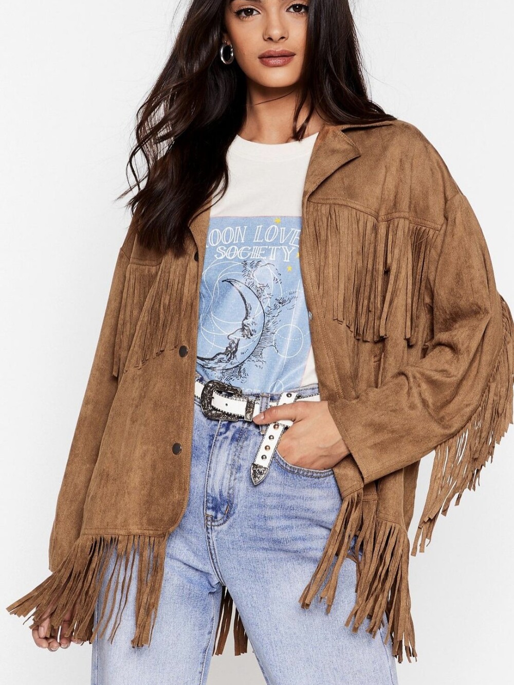 NWT Swing By Faux Suede Fringe  Western Jacket Camel Brown